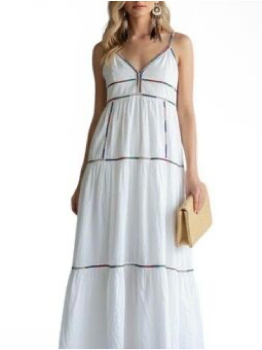 Caroline Constas White Tiered Maxi Dress with Colorful Beaded Trim